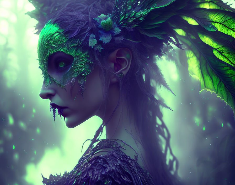 Mystical figure with green feathered mask in ethereal forest