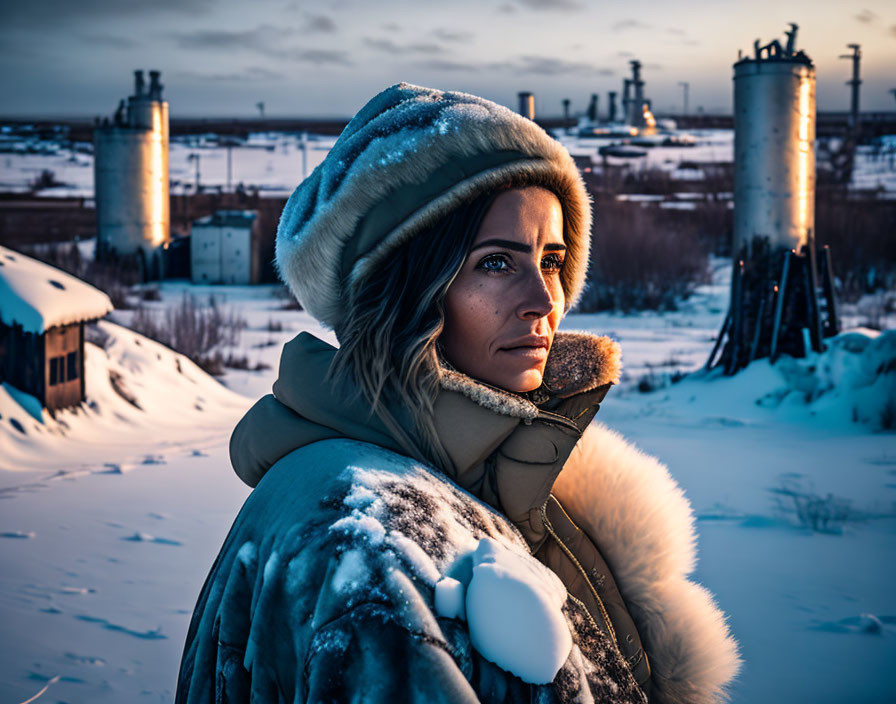 Woman in winter clothing standing in snowy landscape with industrial structures at twilight