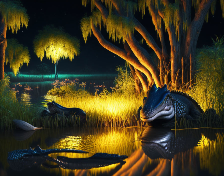 Nighttime landscape with illuminated willow trees, calm water, and majestic dinosaur-like creatures.