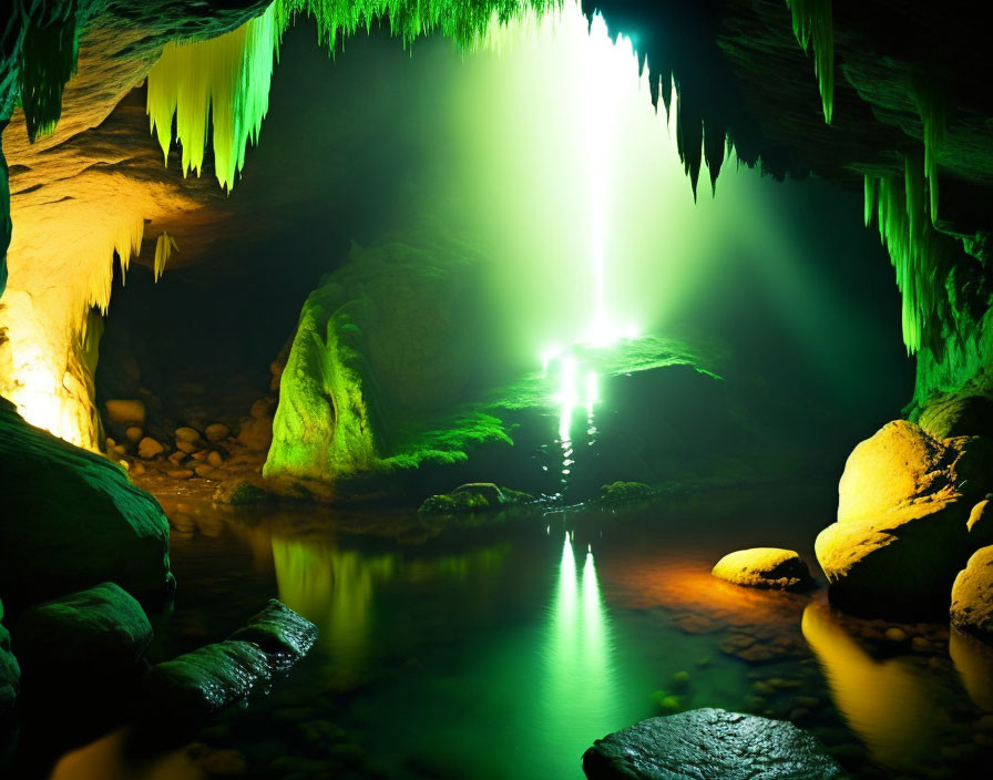 Subterranean cave with stalactites and green water reflecting light beam