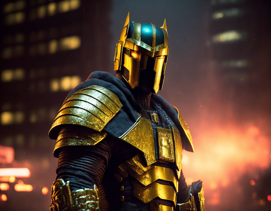 Futuristic armored suit person in glowing city lights