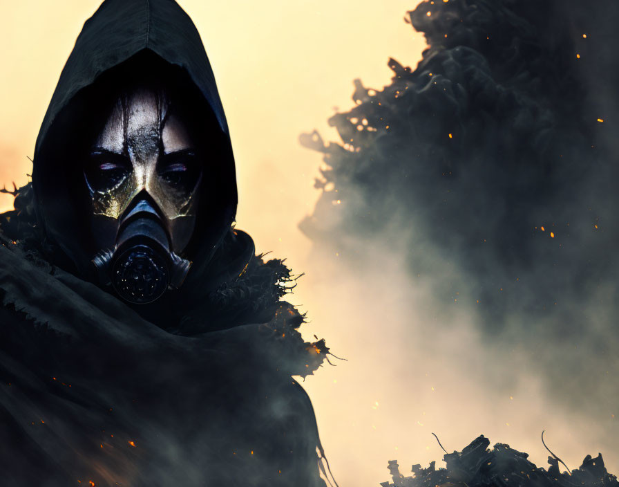 Hooded figure in gas mask amidst dark, polluted air