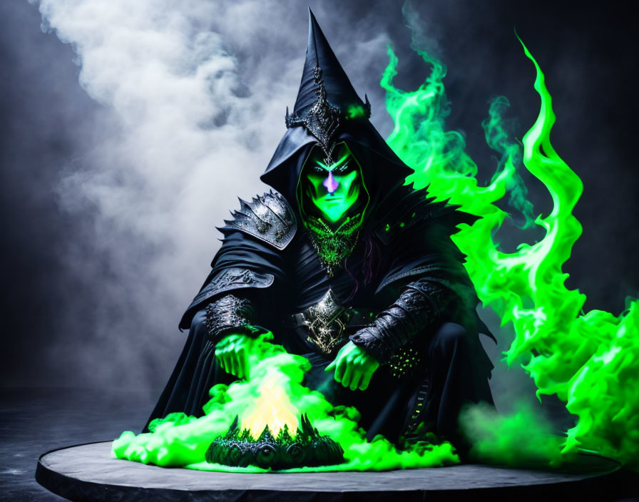 Mysterious figure in dark robes surrounded by green flames