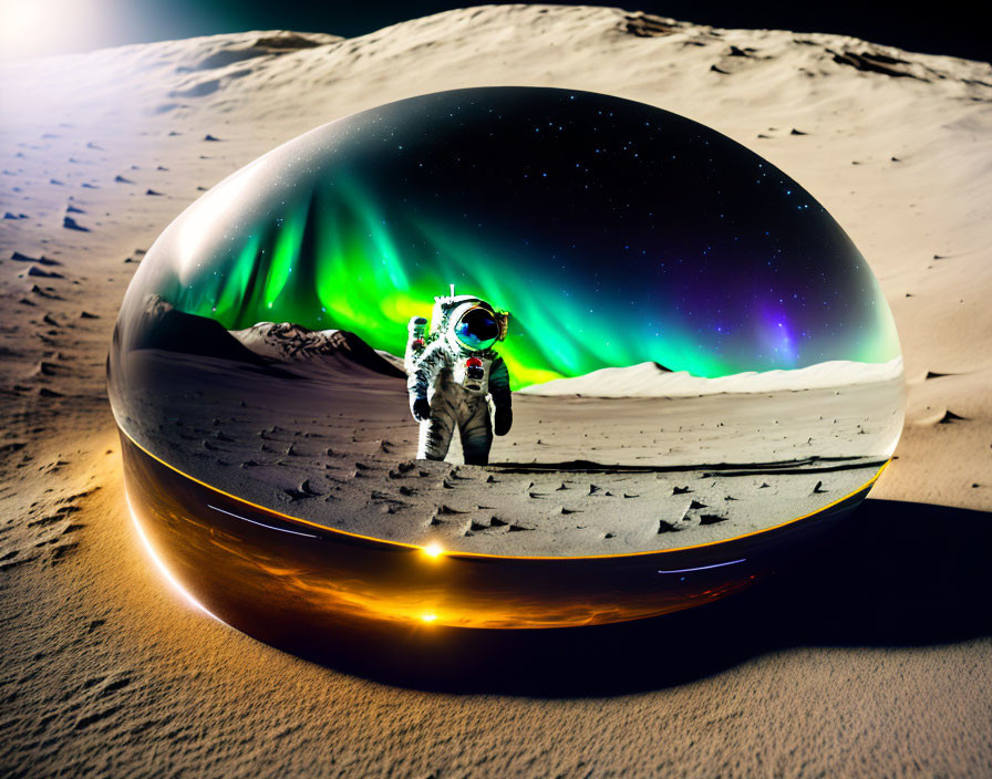 Astronaut gazes at shiny, helmet-like object under night sky with aurora borealis on