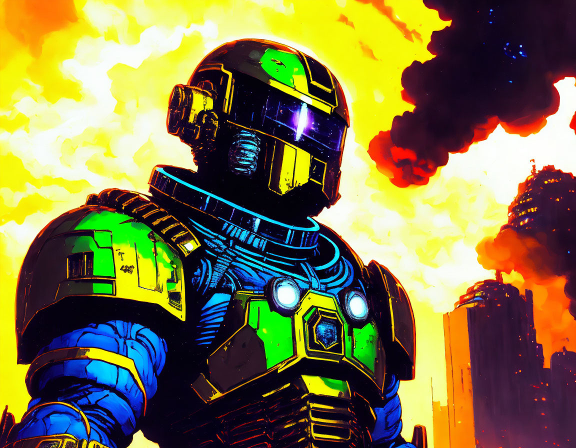 Armored figure in futuristic setting with orange and yellow sky.