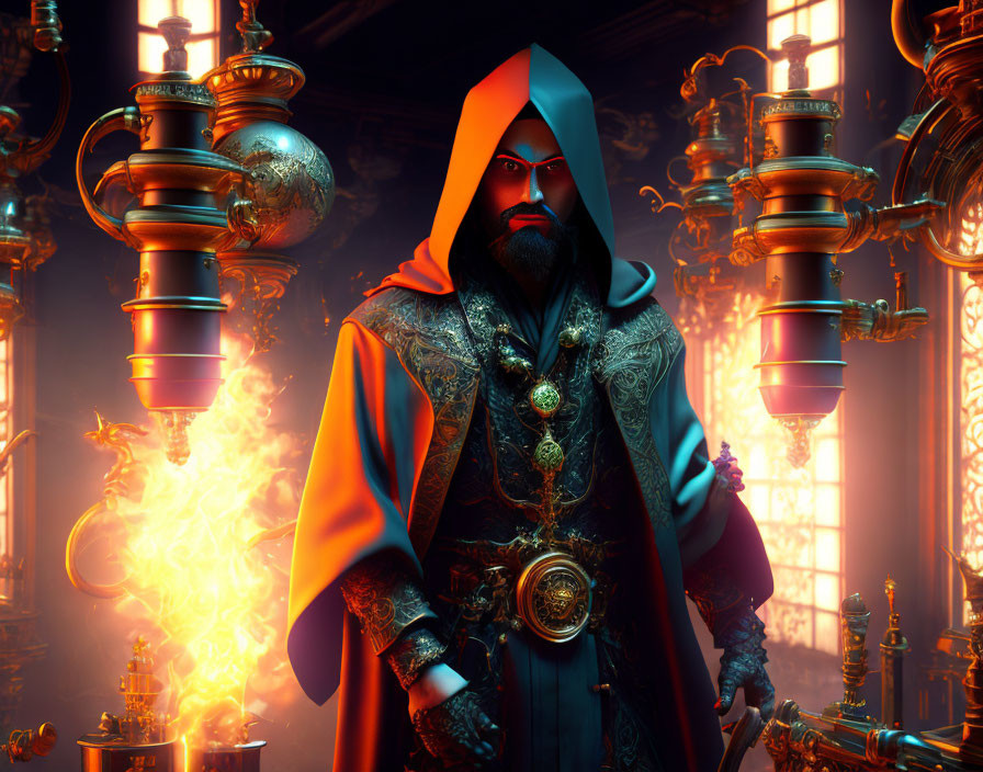 Mysterious figure in red hooded cloak with glowing lamps and flame