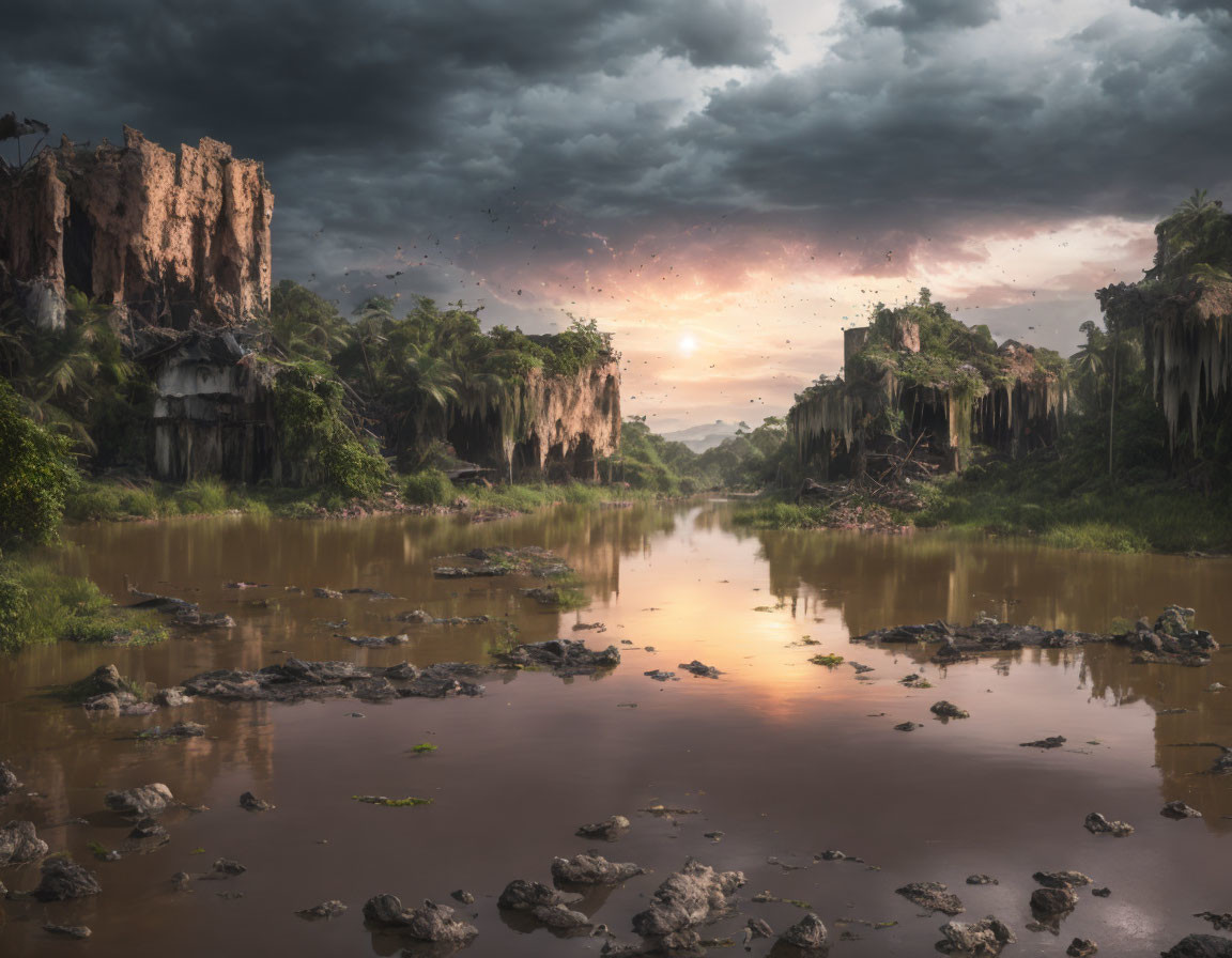 Scenic landscape with rugged cliffs, reflective river, overhanging trees, and sunset birds