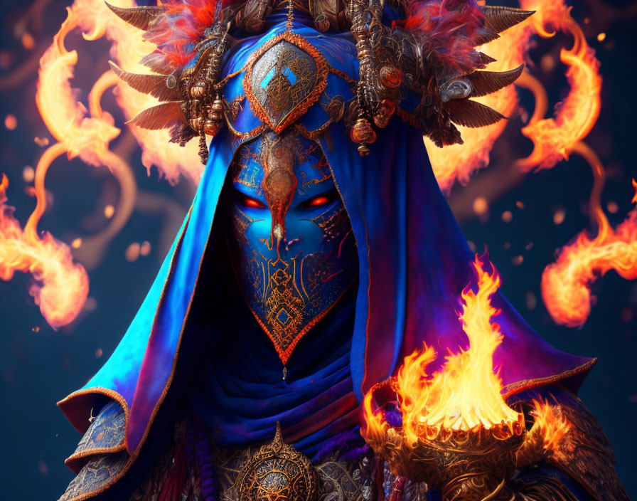 Intricate blue and gold costume with fire motifs and decorative headdress.