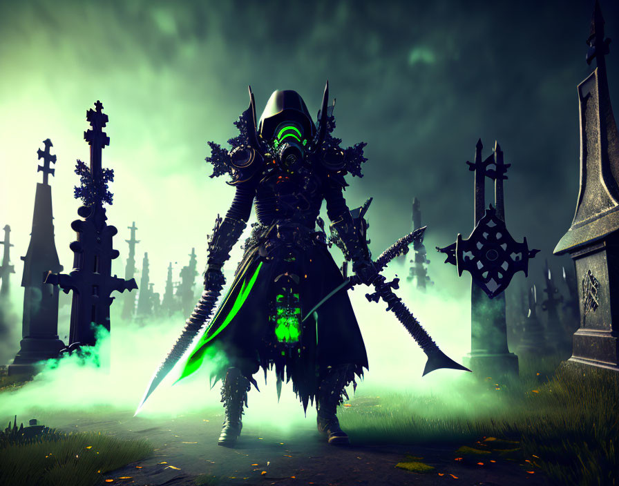 Menacing figure in dark armor with glowing green accents in foggy graveyard scene