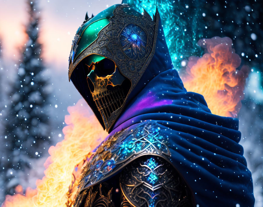 Mystical warrior in skull armor surrounded by snowflakes and orange flames