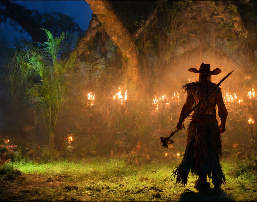 Mystical figure in straw attire with lit candles and mossy tree in enchanting forest