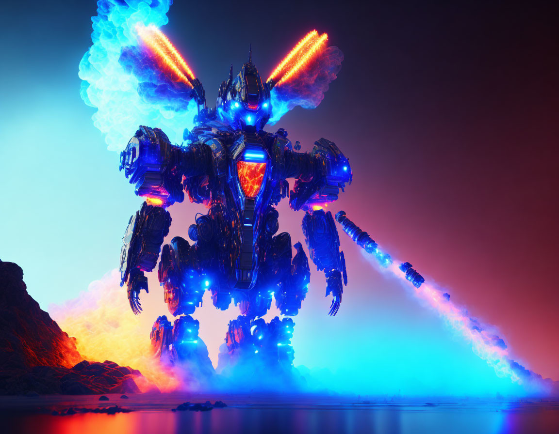 Giant robot with glowing blue and orange parts in dramatic landscape