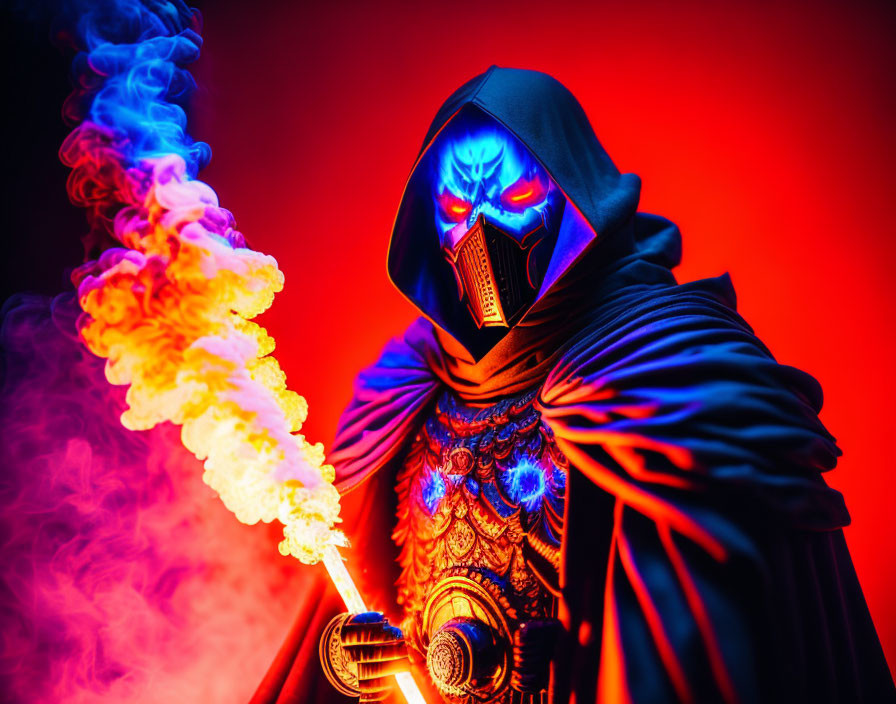 Hooded figure with glowing blue mask holding fiery device on red background