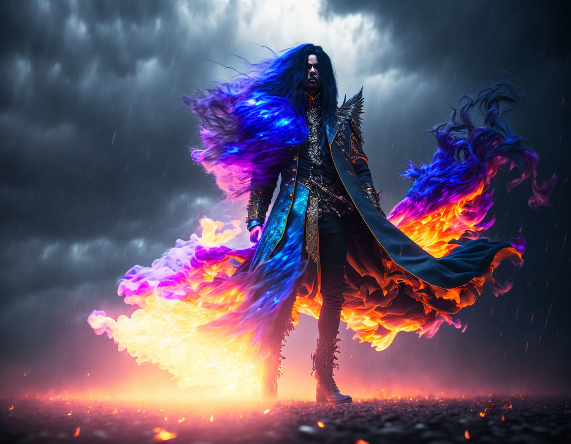 Mystical figure in dark attire with vibrant flame-like cloak against stormy sky