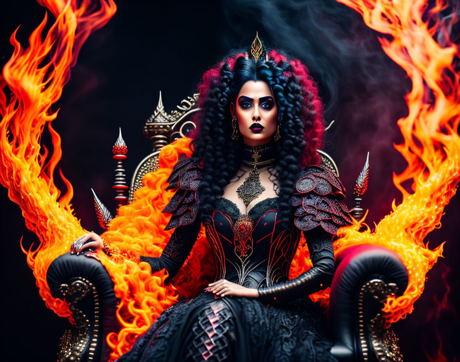 Woman in ornate gothic black and red costume on fiery throne