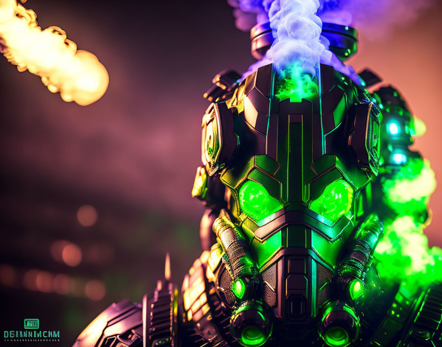 Armored robotic figure with green glowing parts and blue smoke against fiery backdrop