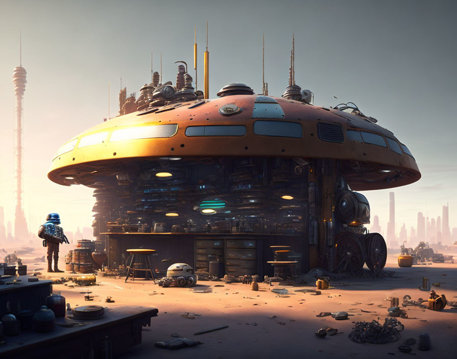 Futuristic saucer-like diner in desert town with astronaut and robot