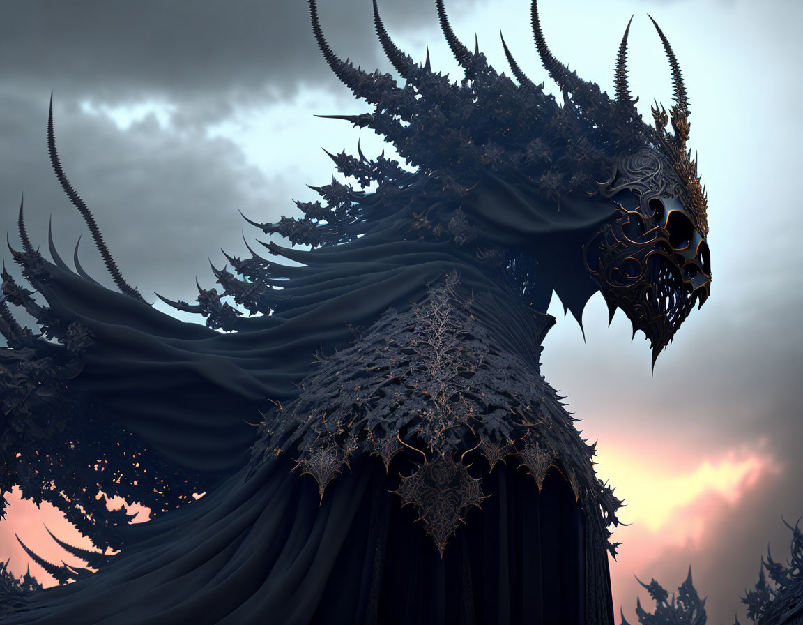 Menacing dragon with intricate scales under brooding sunset sky