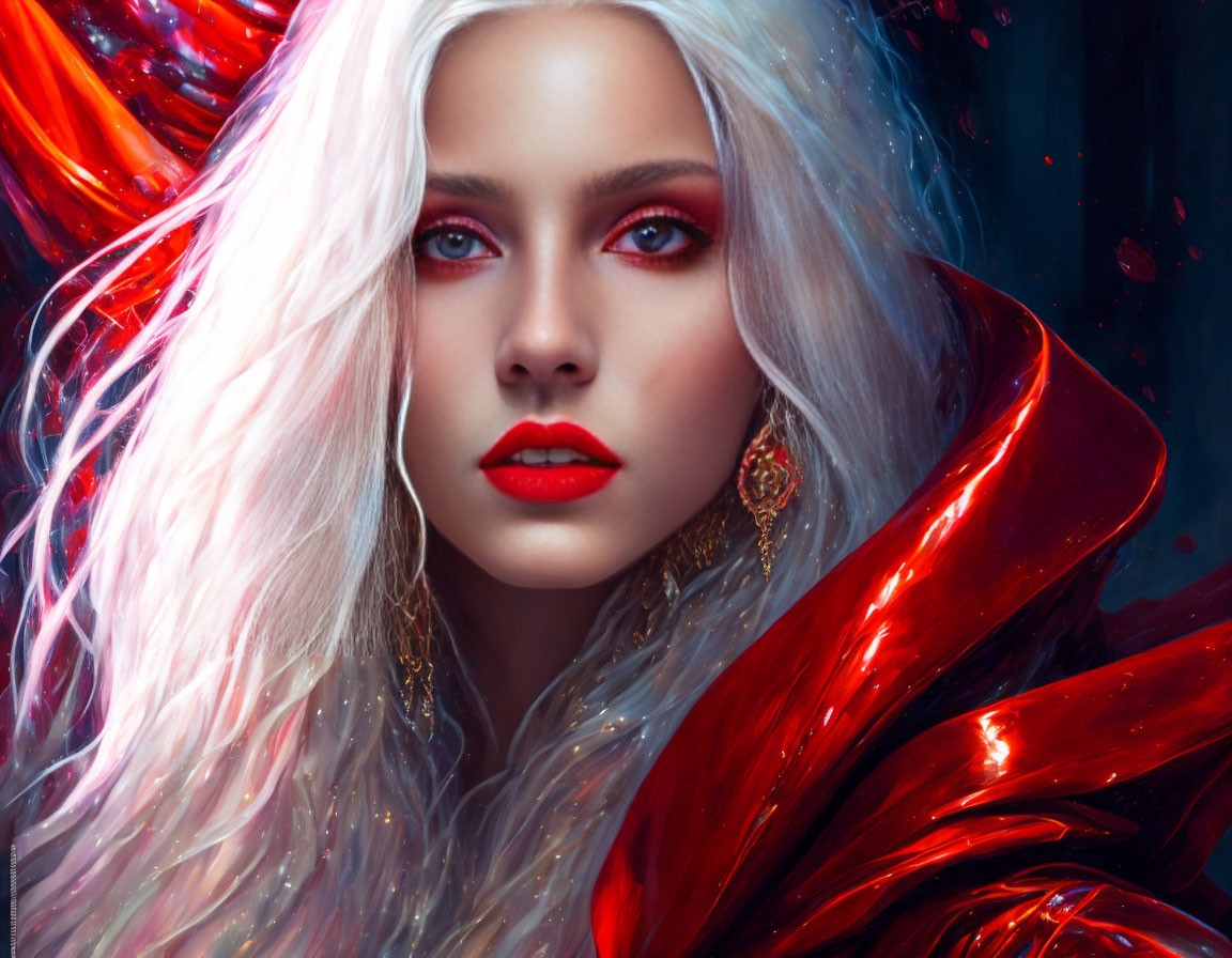 Woman with red makeup, white hair, and red cloak on blue background