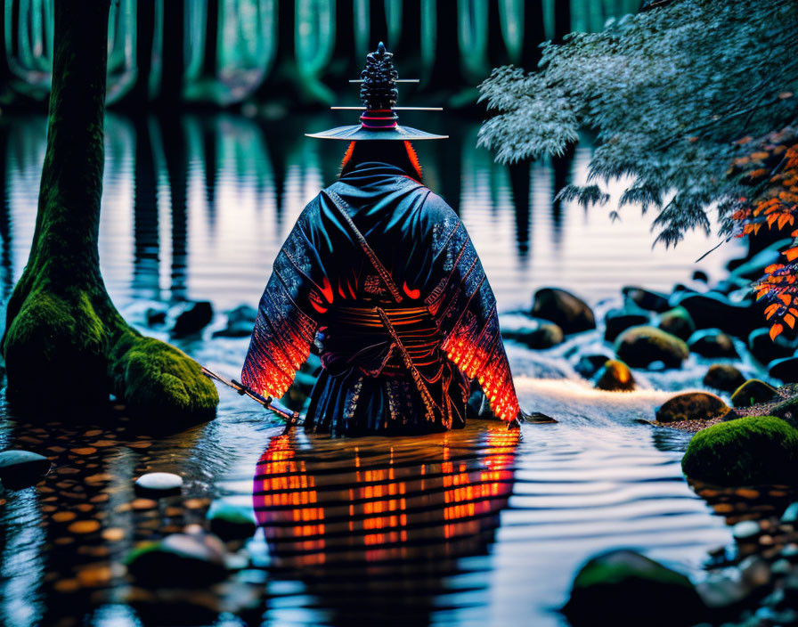 Traditional Japanese samurai in armor with katana sword kneeling by serene forest stream