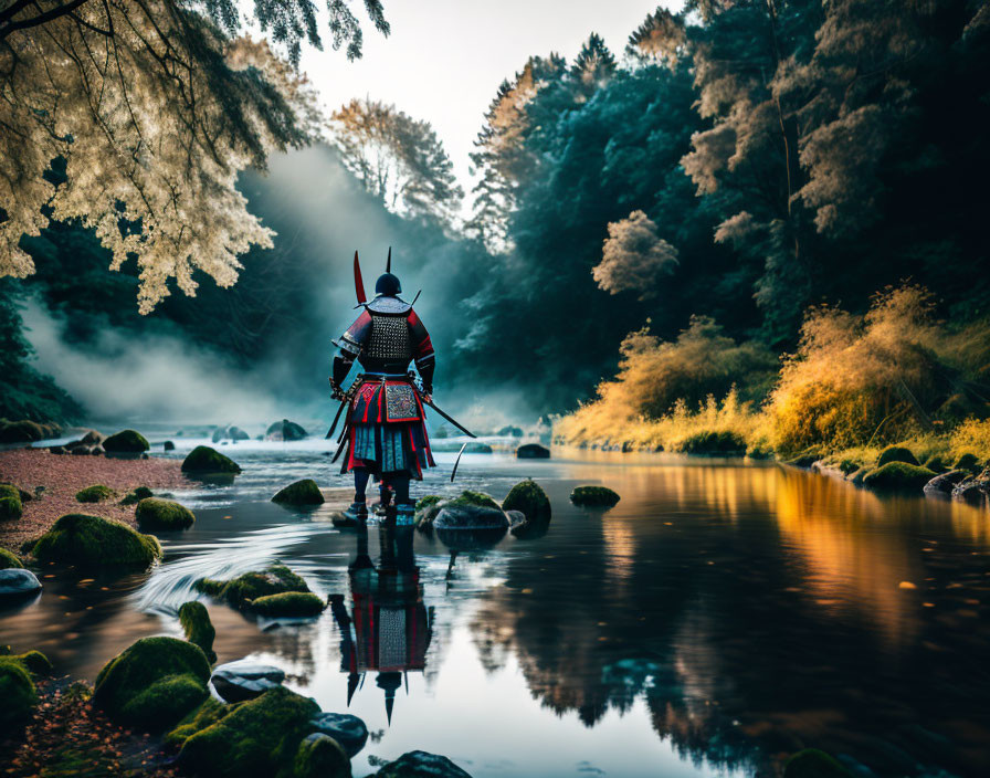 Samurai in traditional armor in misty forest by serene river