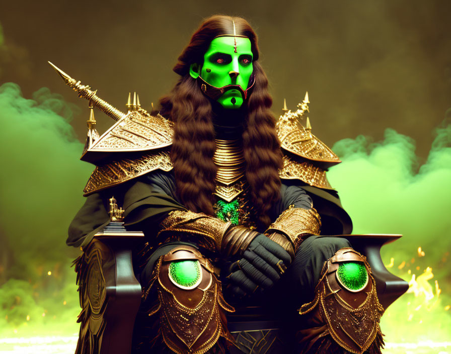 Fantasy armor-clad figure on throne with glowing green accents in misty setting