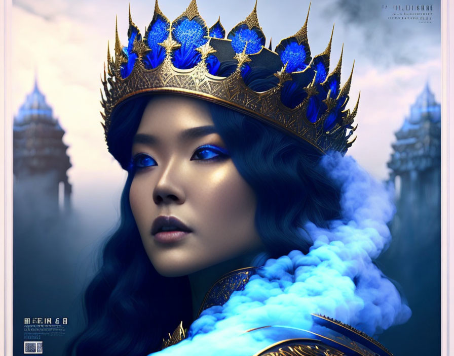 Blue-skinned woman with golden crown in fantasy illustration