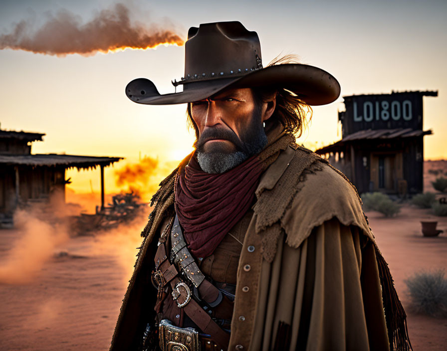 Cowboy with stern expression in dusty Western town at sunset.