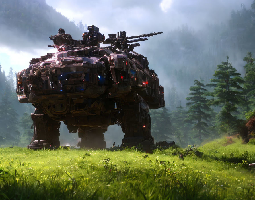 Armored six-legged walker with weaponry in misty forest landscape