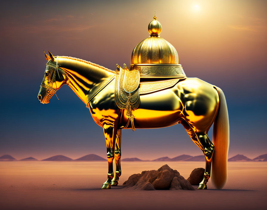 Golden horse statue with ornate tack on rock, sunset background