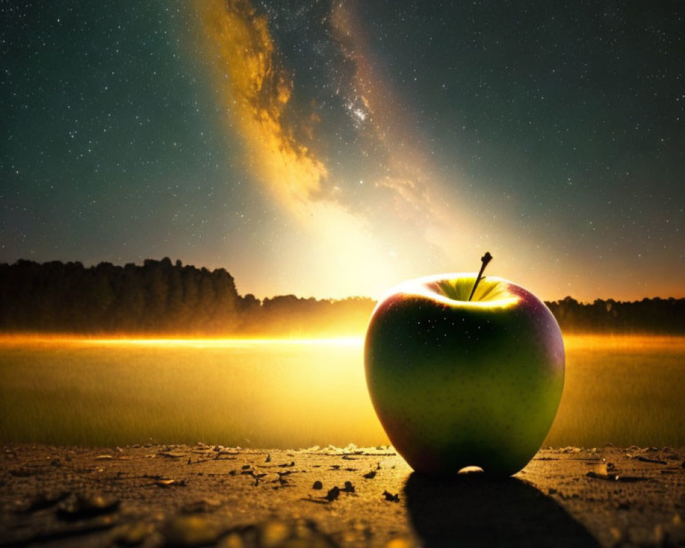 Apple on Starry Night Sky Background with Radiant Light Horizon and Scattered Pieces
