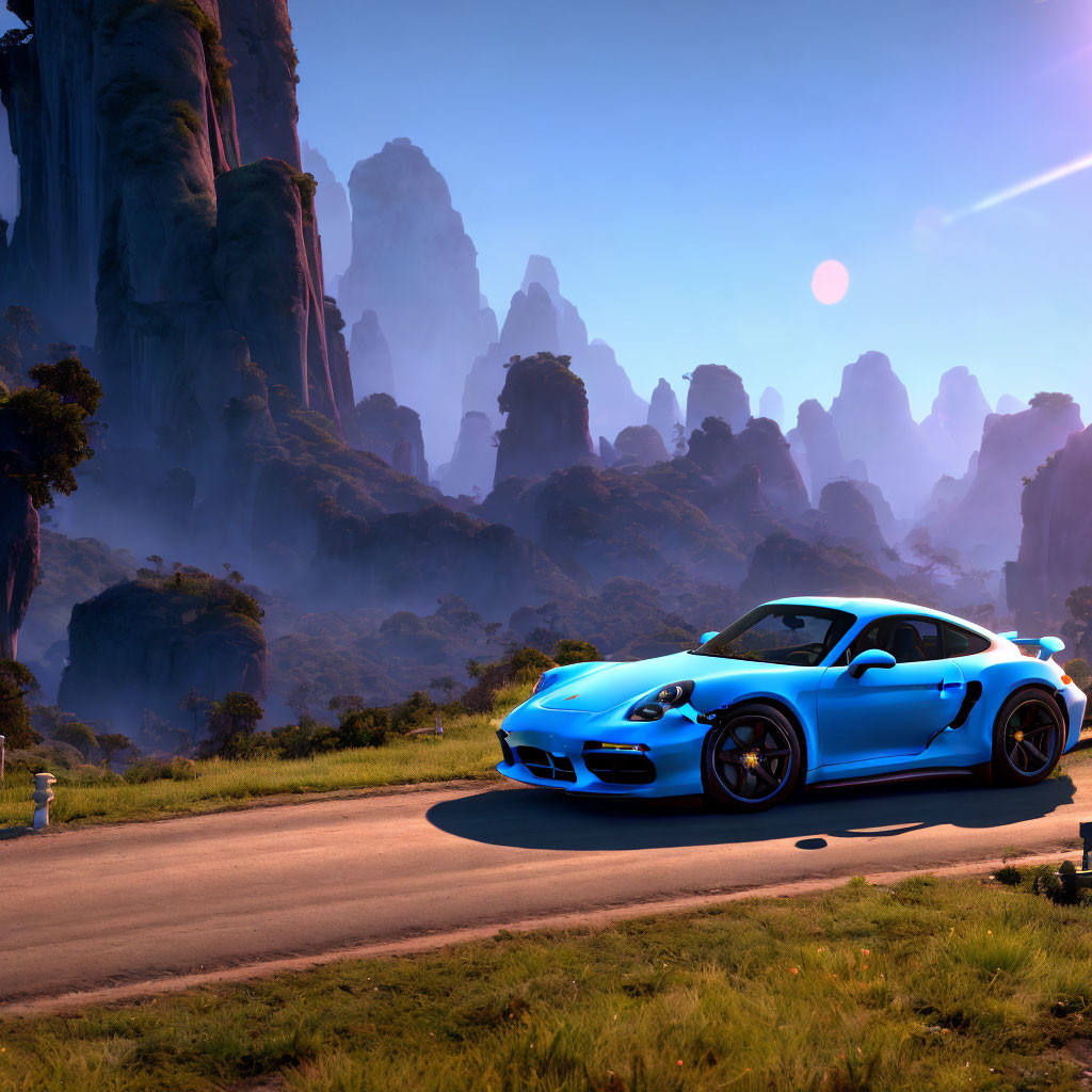 Blue Sports Car Driving on Mountainous Road at Sunrise