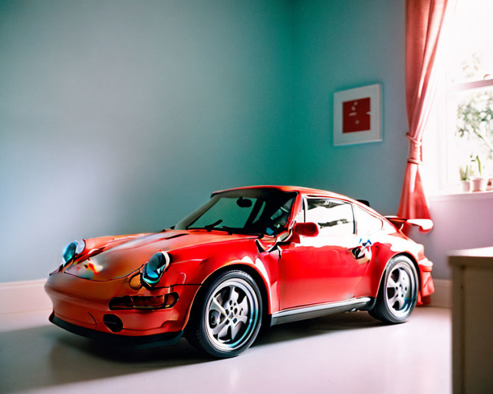 Red Porsche 911 Model Car in Room with Teal Walls & Coral Curtains