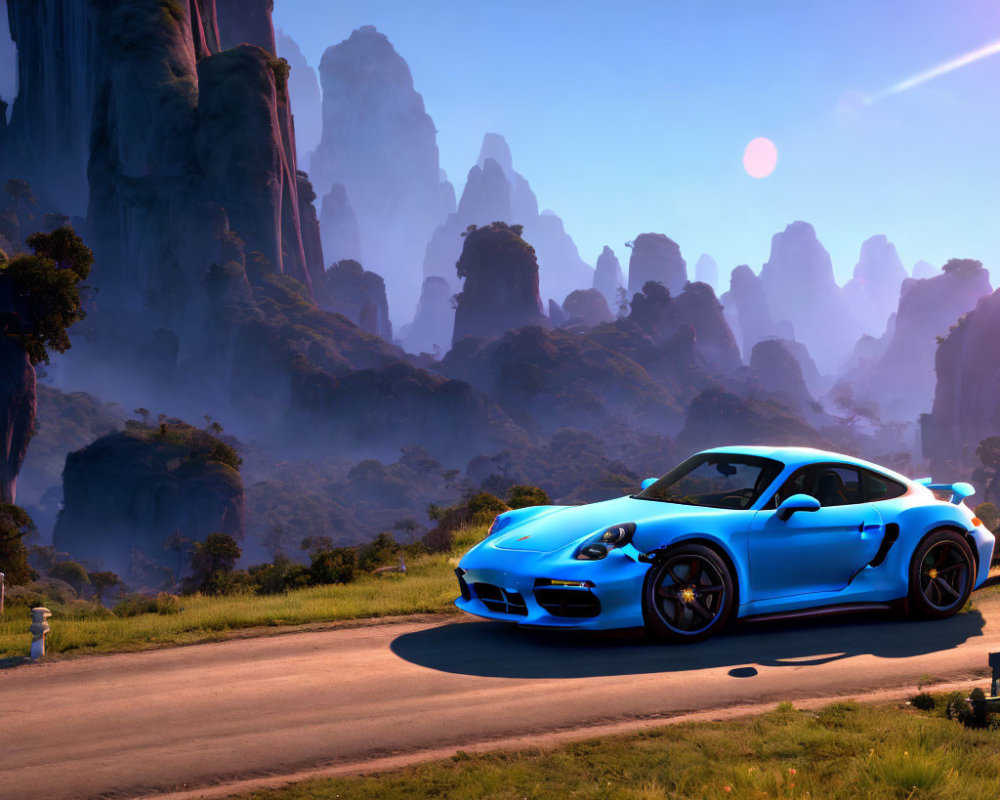 Blue Sports Car Driving on Mountainous Road at Sunrise