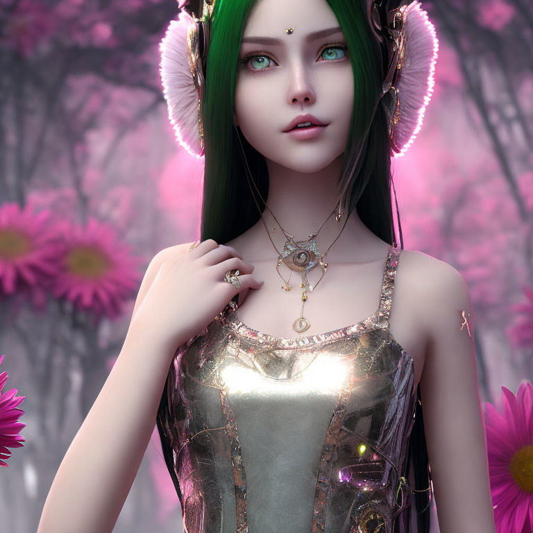 Fantasy digital artwork of female character with green ears and luminous eyes