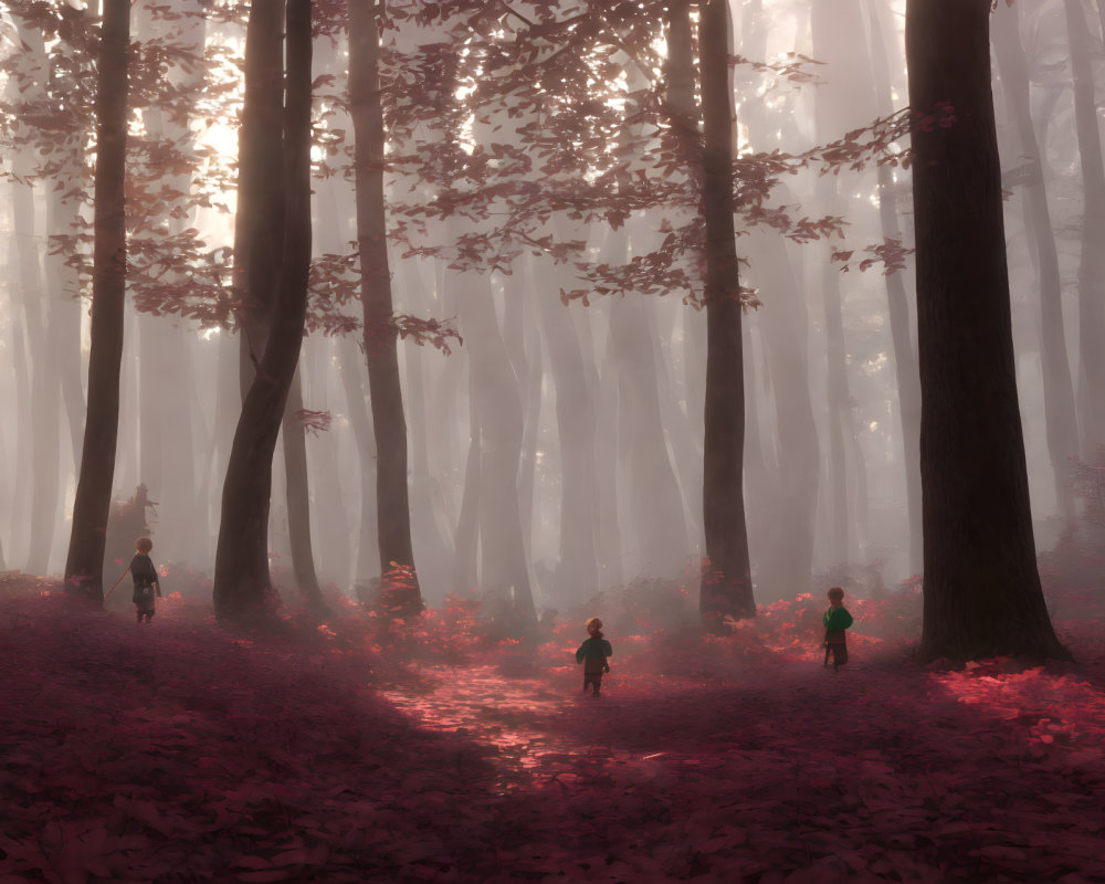 Misty forest with tall trees and red leaves, people walking on path