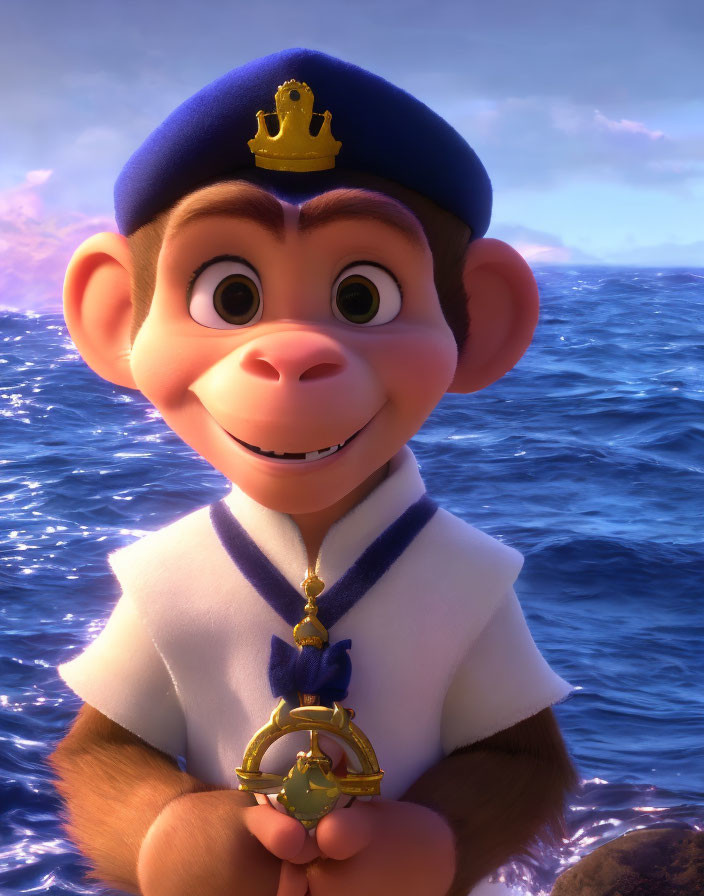 3D animated monkey in sailor outfit with golden crown hat against ocean backdrop