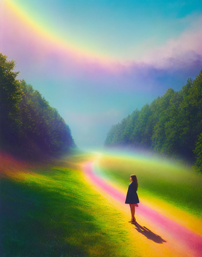 Colorful Rainbow Path Through Lush Green Forest Under Pastel Sky