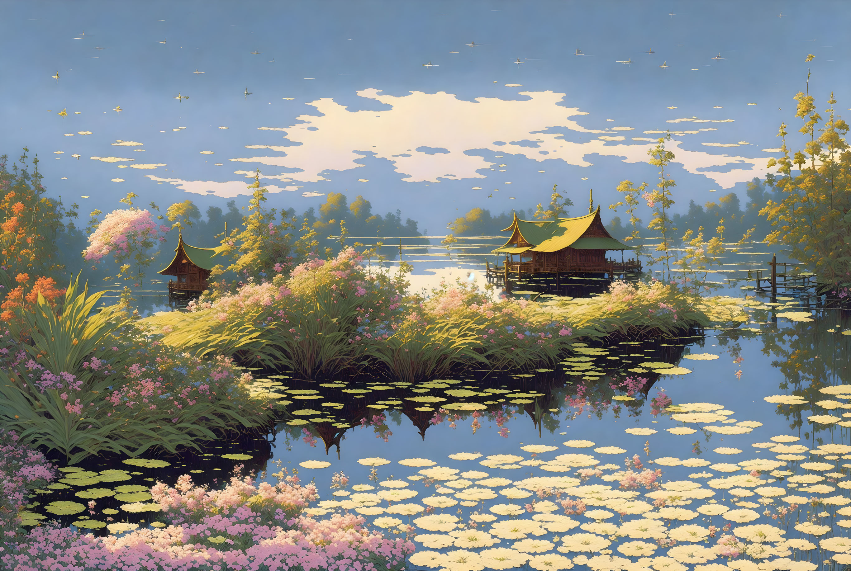 Tranquil Lake Scene with Floating Gardens and Traditional Pavilions