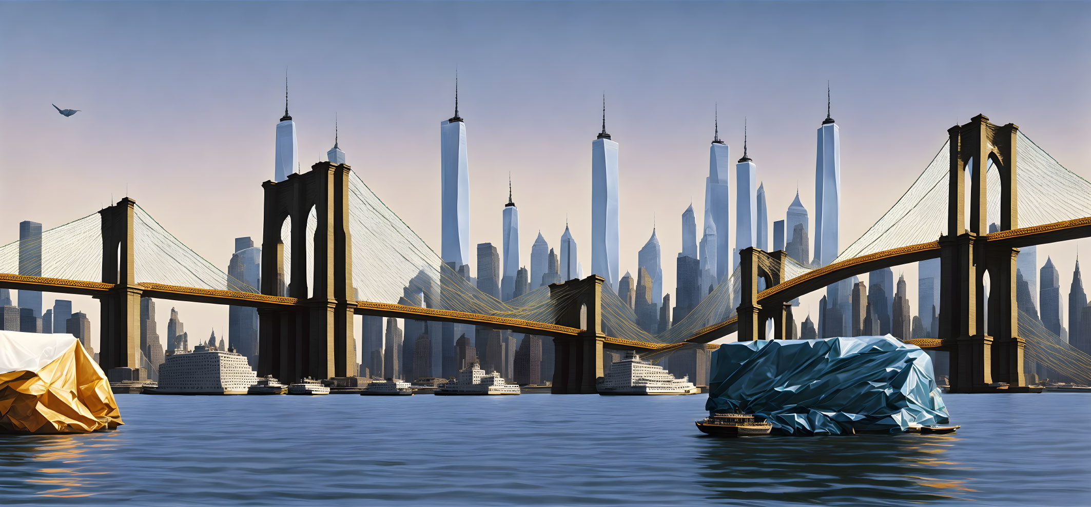 Surreal cityscape with iconic bridge, skyscrapers, paper boats, bird