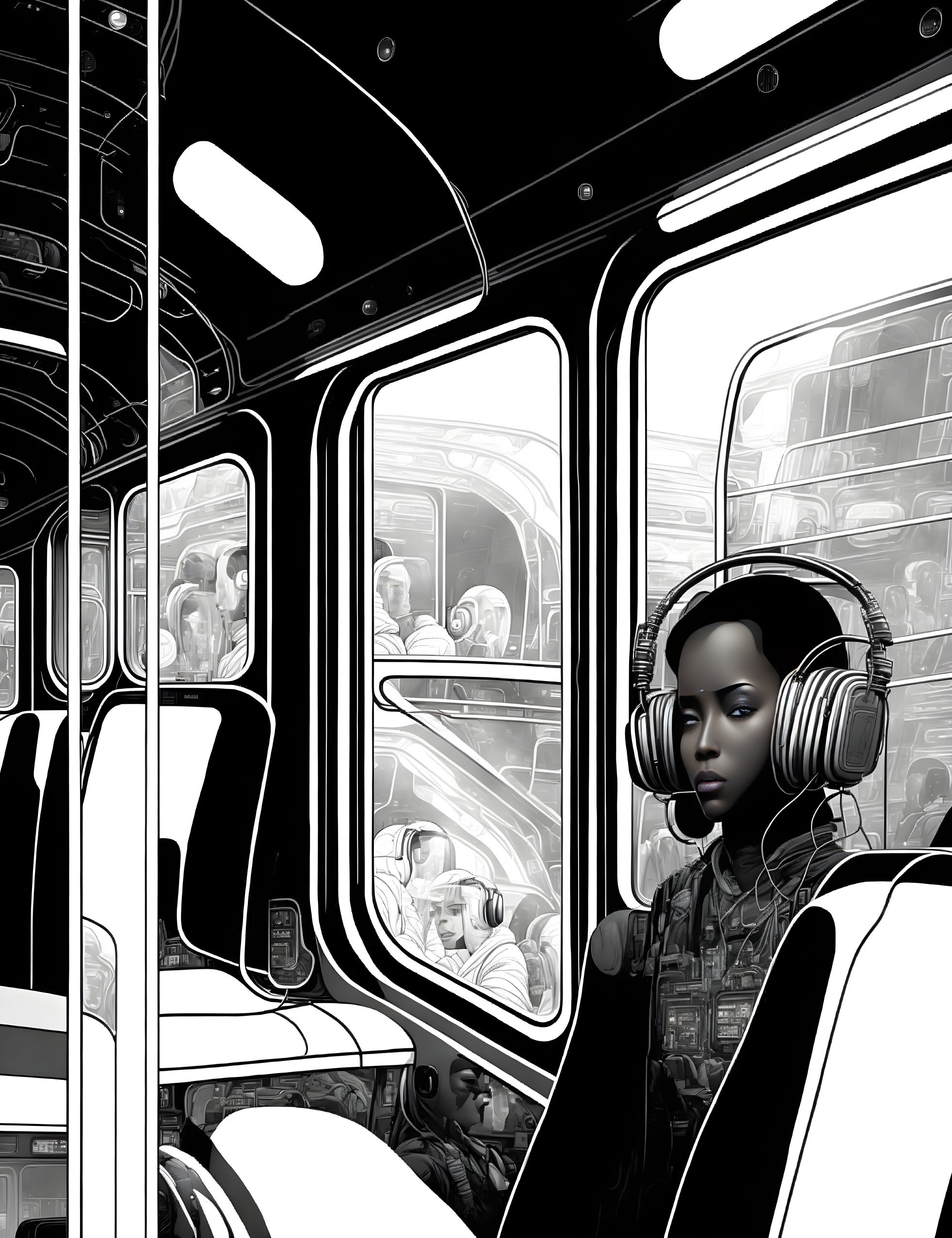 Monochromatic illustration: Person with headphones on bus surrounded by reflections