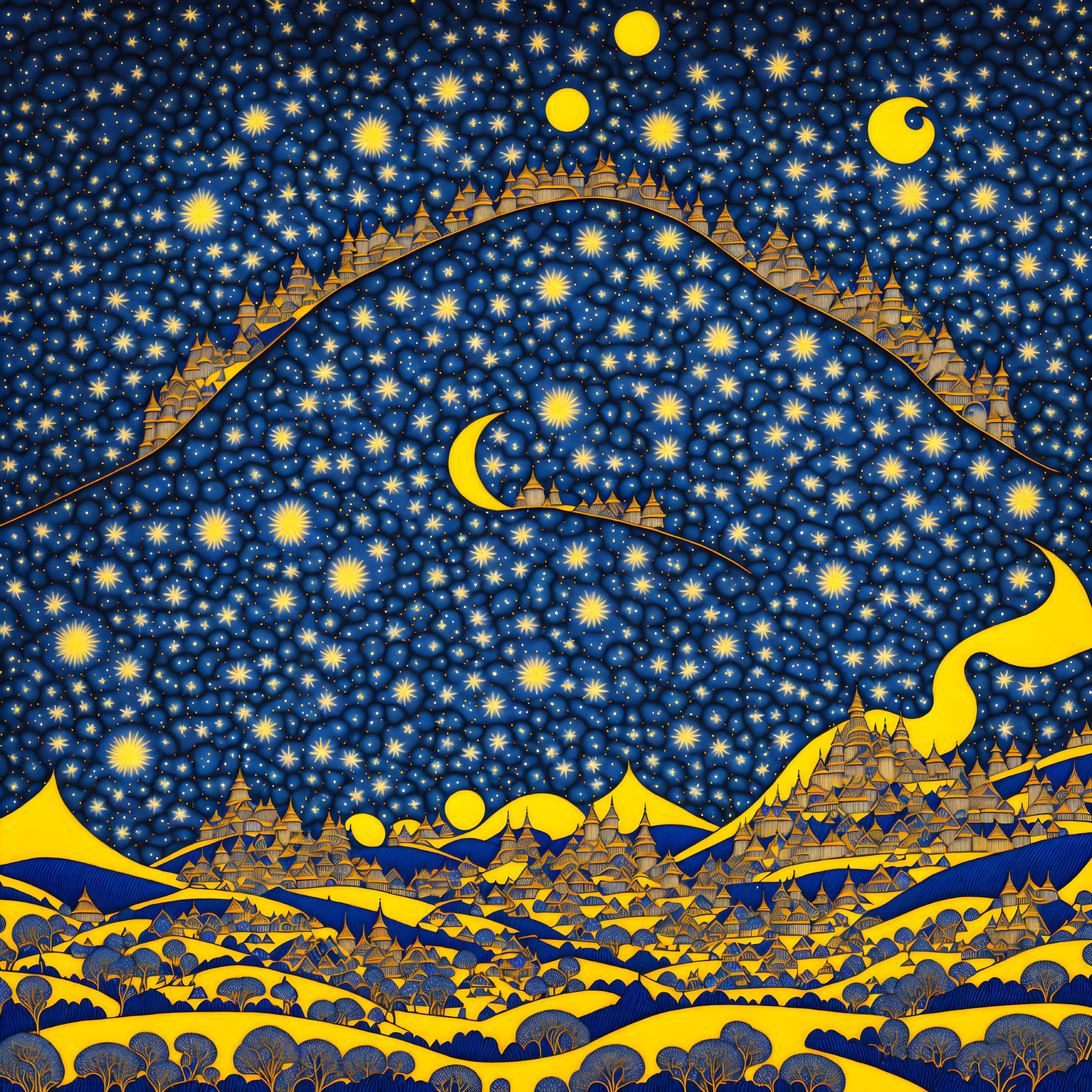 Celestial-themed blue and yellow surrealistic artwork with tessellations