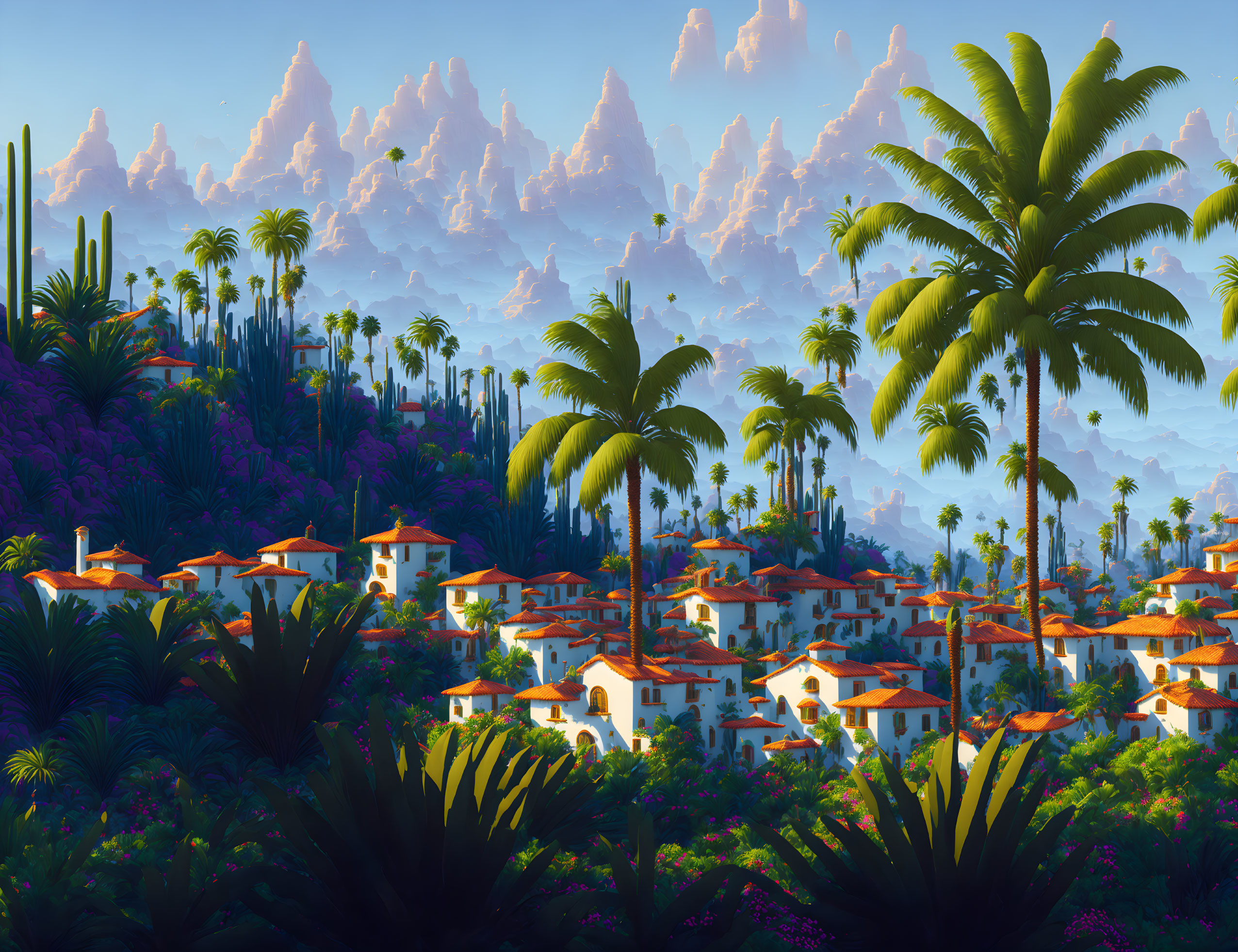 Scenic tropical village with white houses, thatched roofs, palm trees, and misty mountains