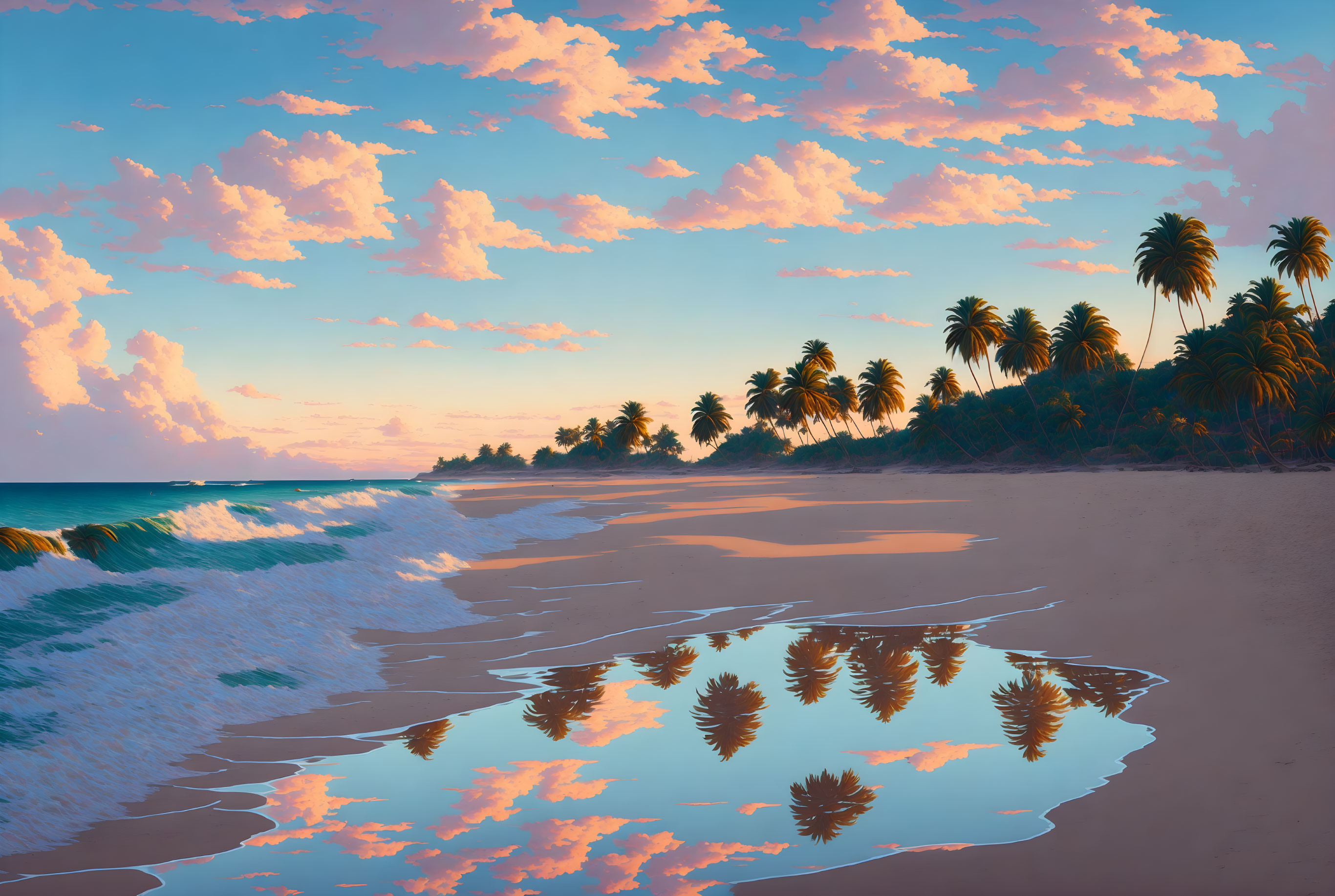 Tranquil beach sunset scene with palm trees, reflected in water, pink clouds