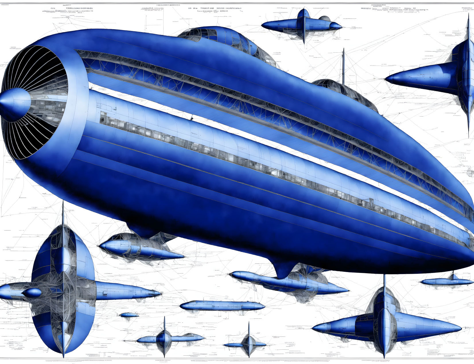 Blue futuristic airship with propellers on engineering schematics