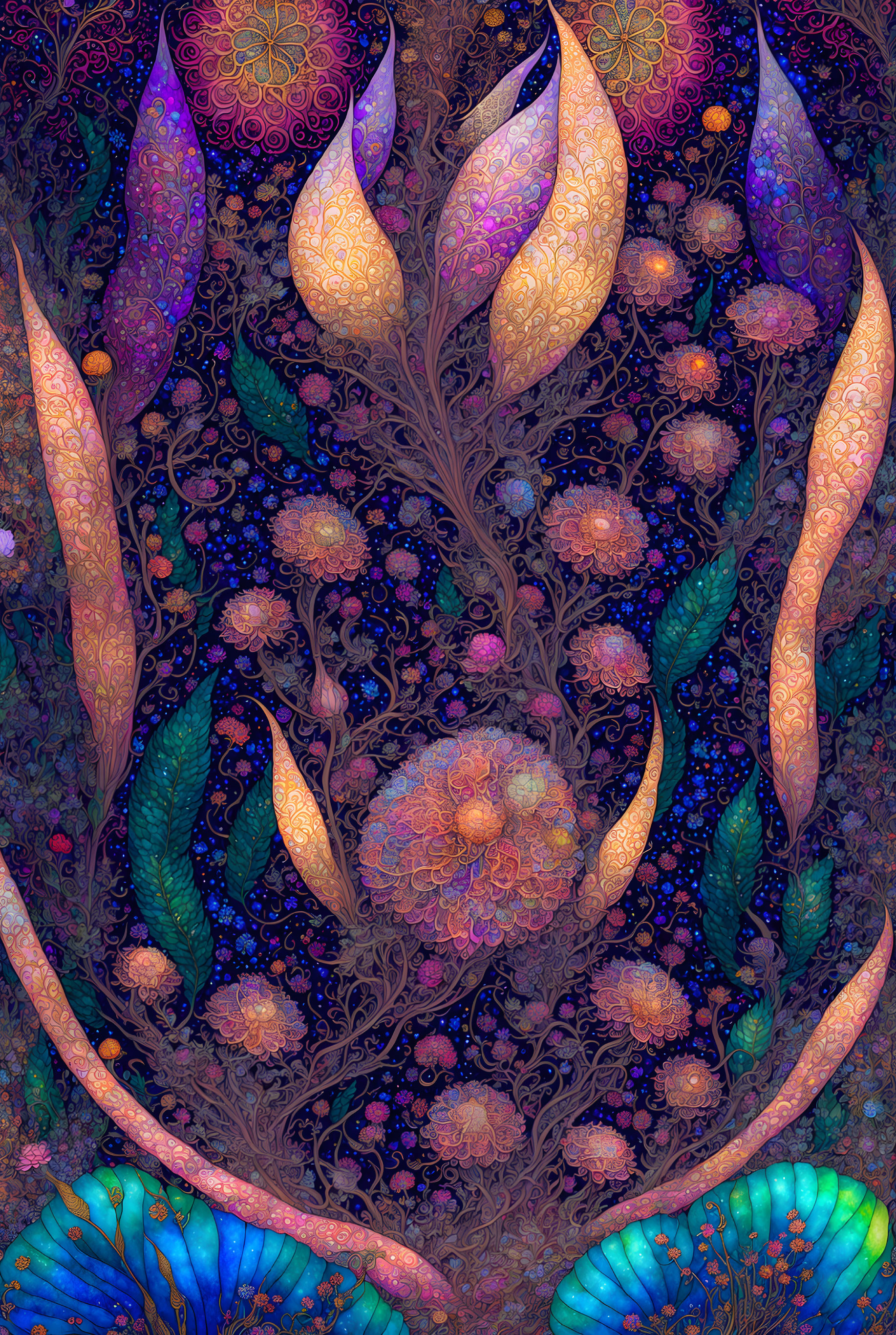 Vivid Abstract Art: Ethereal Garden with Colorful Leaves & Cosmic Flair