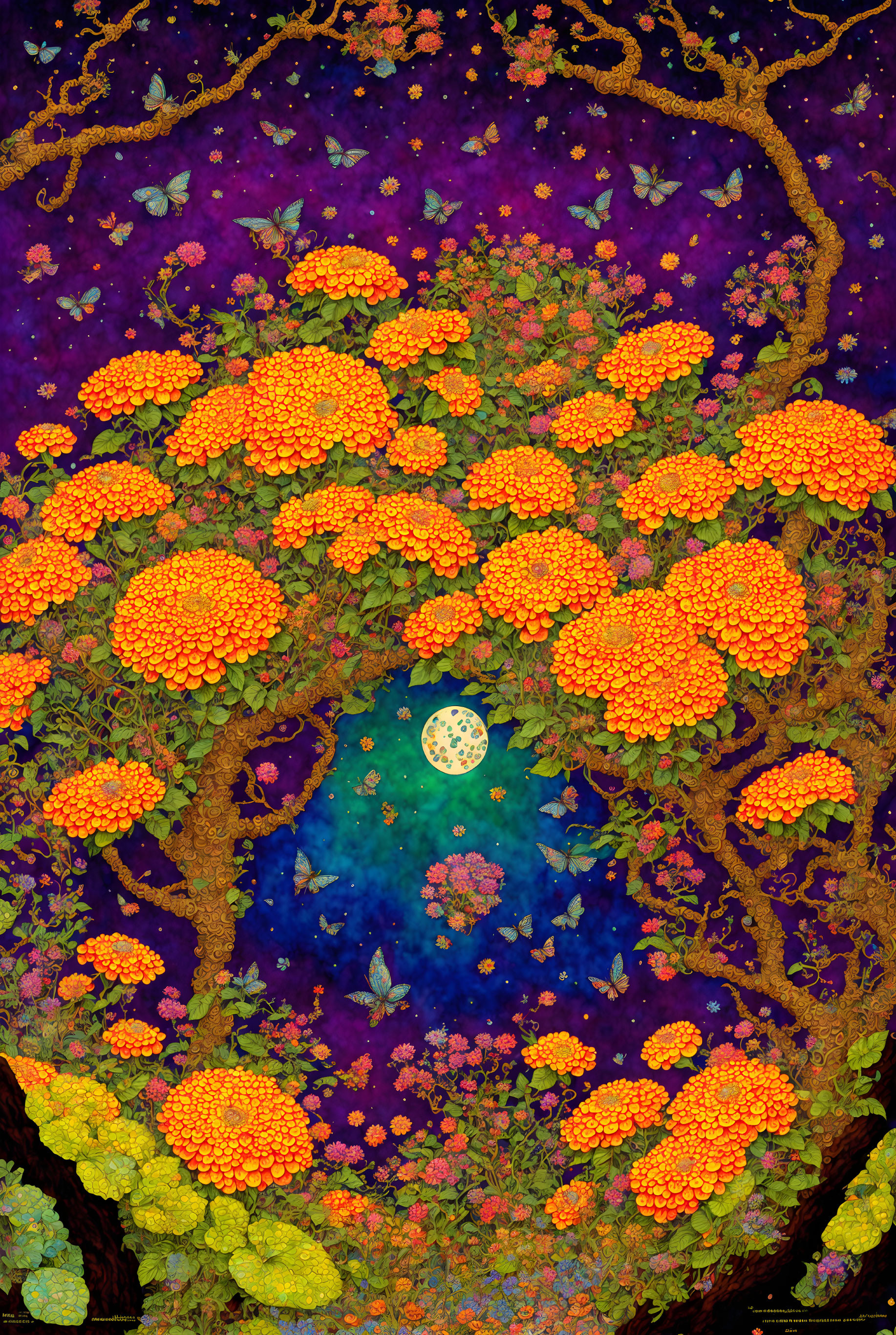 Vibrant painting of magical tree with golden-orange foliage under starry night sky