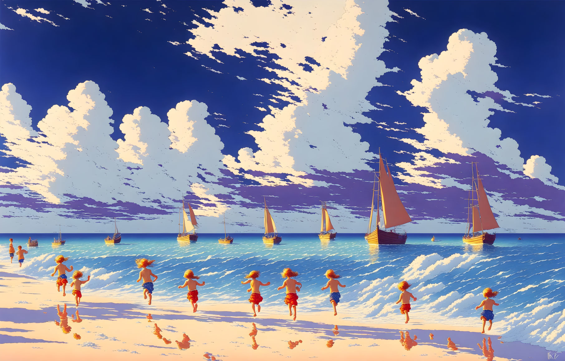 Multiple Identical Figures Running Towards Ocean with Sailboats on Horizon