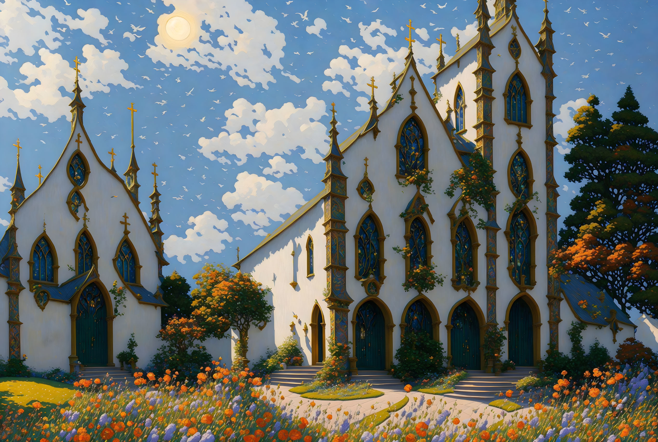 Gothic church in vibrant garden under blue sky