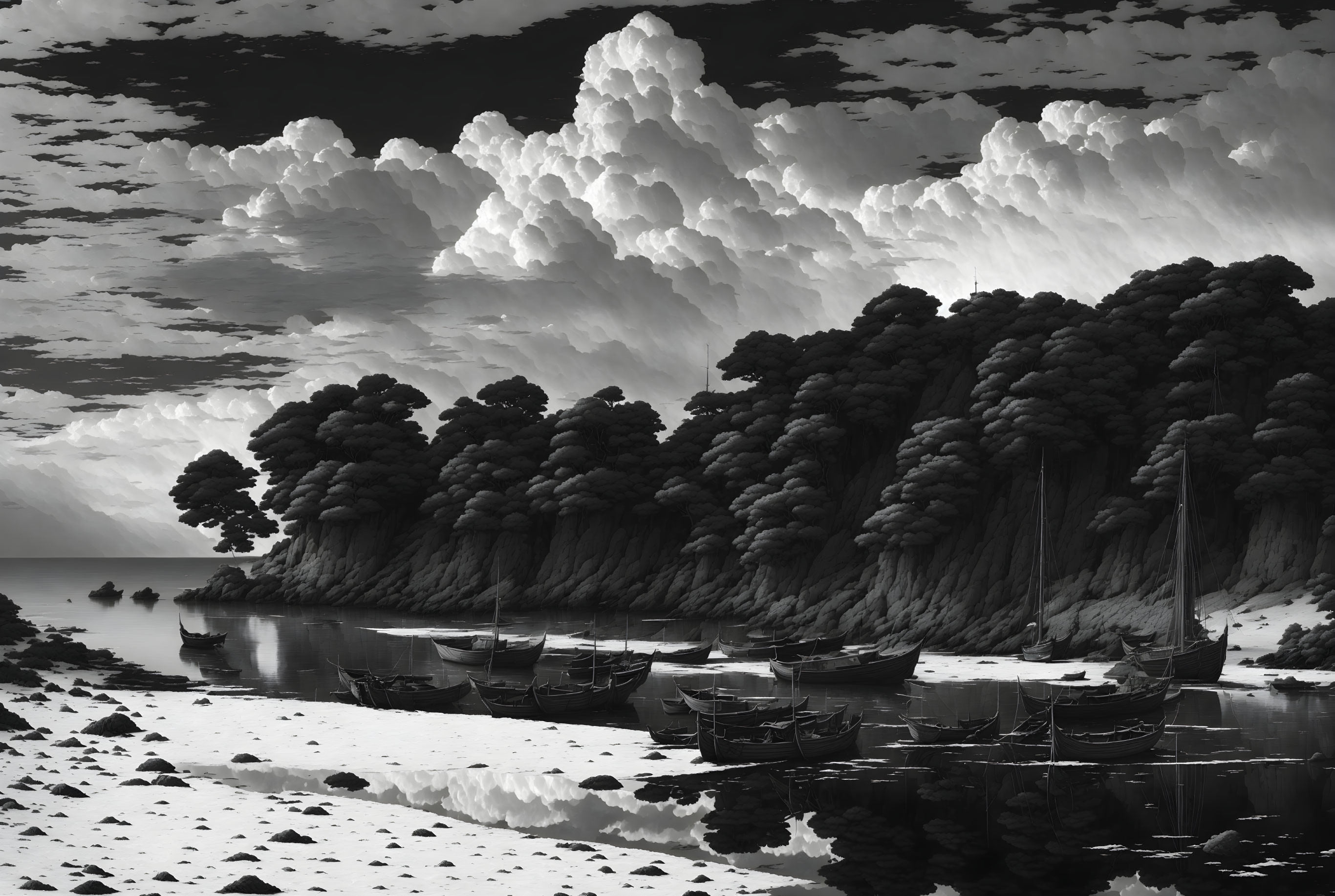 Monochrome picture of boats near rocky shoreline with forested cliff and cumulus clouds